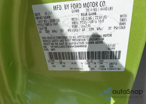 2011 Ford Escape Xlt z USA, uszkodzony, nr VIN 1FMCU0D76BKB44602